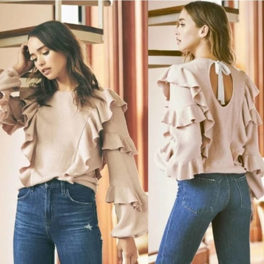 Saylor Avian Rib Cascade Ruffle Sleeve Keyhole Back Tie Sweater Blush Pink Small